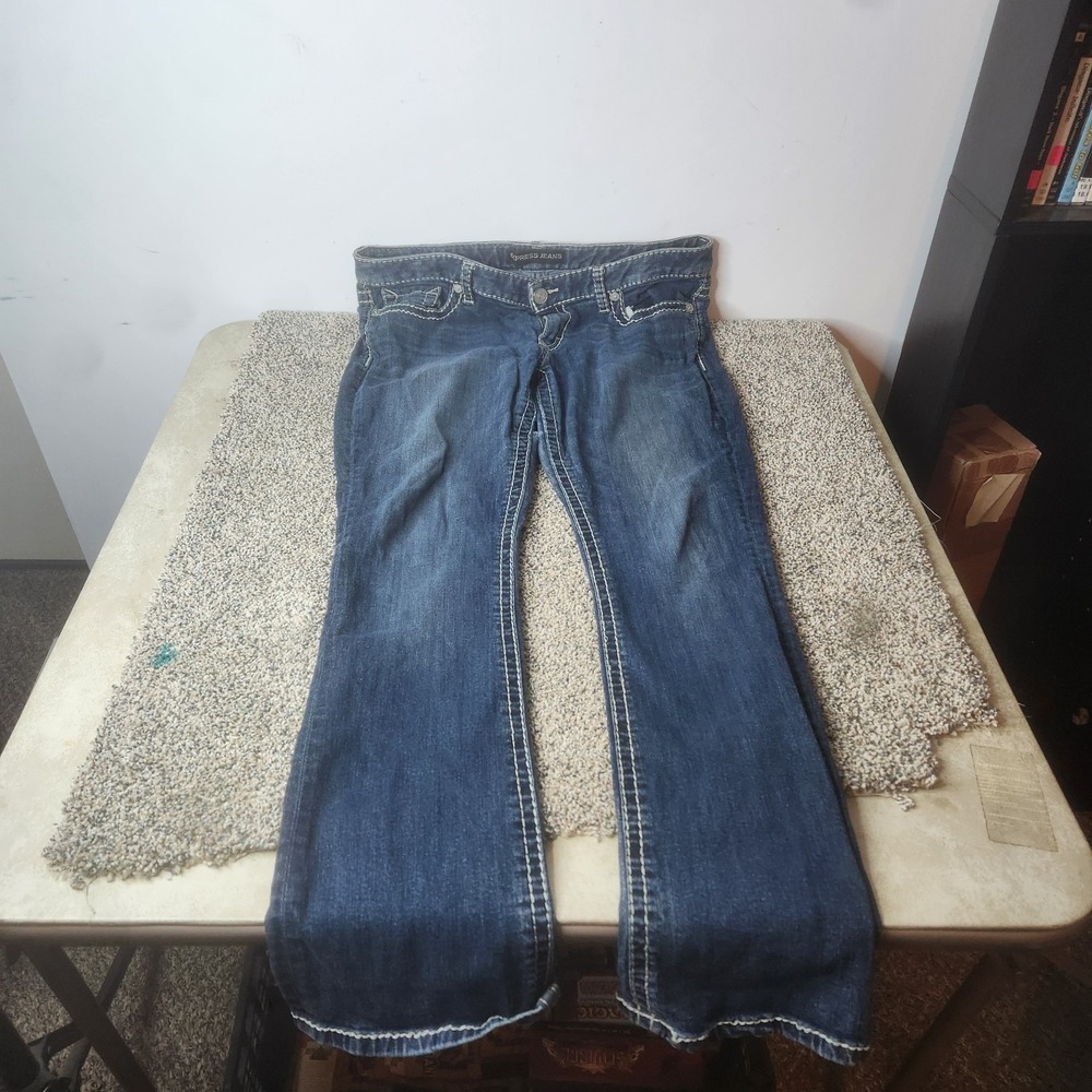 Express Jeans Stella Barely Boot Low Rise Blue Denim Contrast Stitch Womens 12R‎
